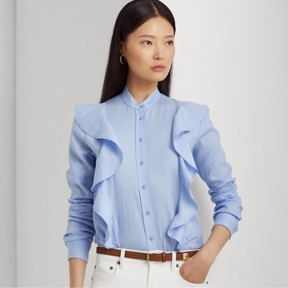 Ralph Lauren Black Label Tops - Lauren Ralph Lauren Linen Ruffle Button Down Blouse Light Blue Coastal M Preppy